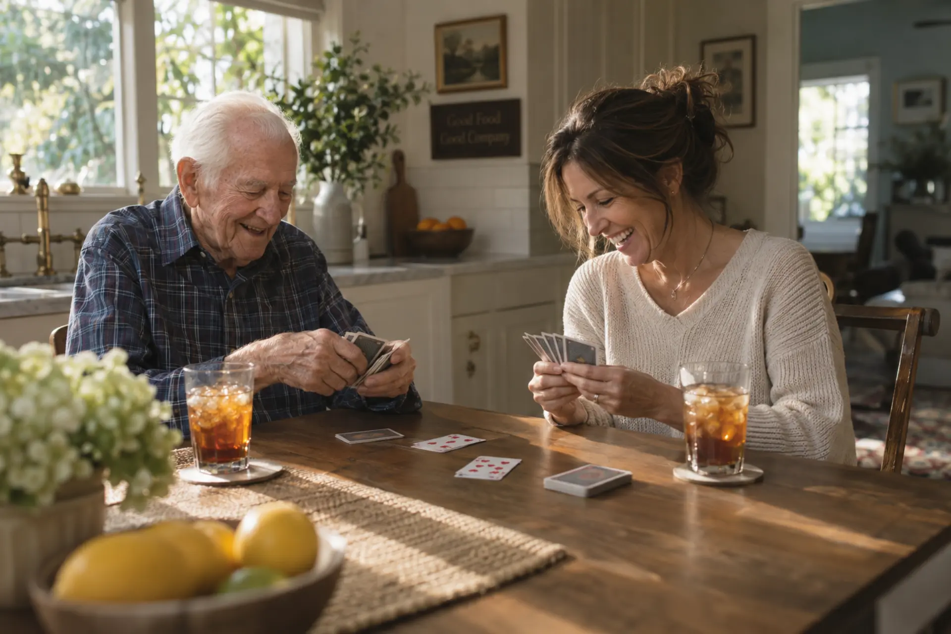 An older man dealing cards with his companion at a kitchen table