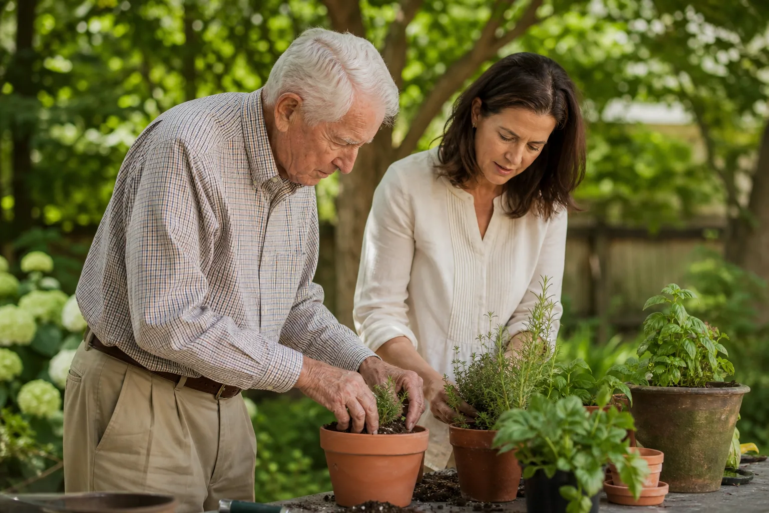 An older adult and companion potting herbs together outdoors