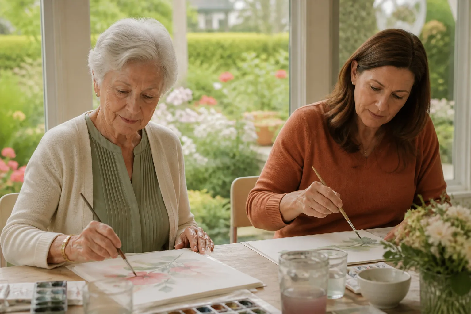 An older woman and her companion painting watercolors together