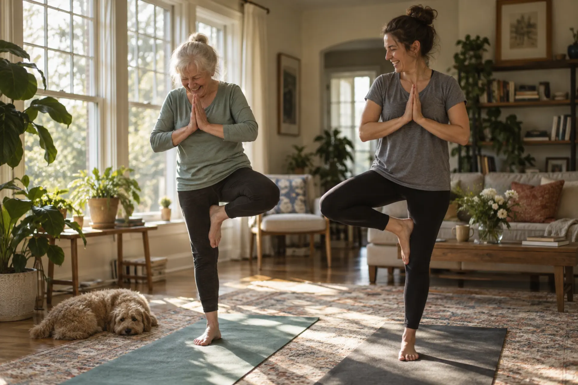 An older woman and her companion sharing a gentle standing yoga pose at home
