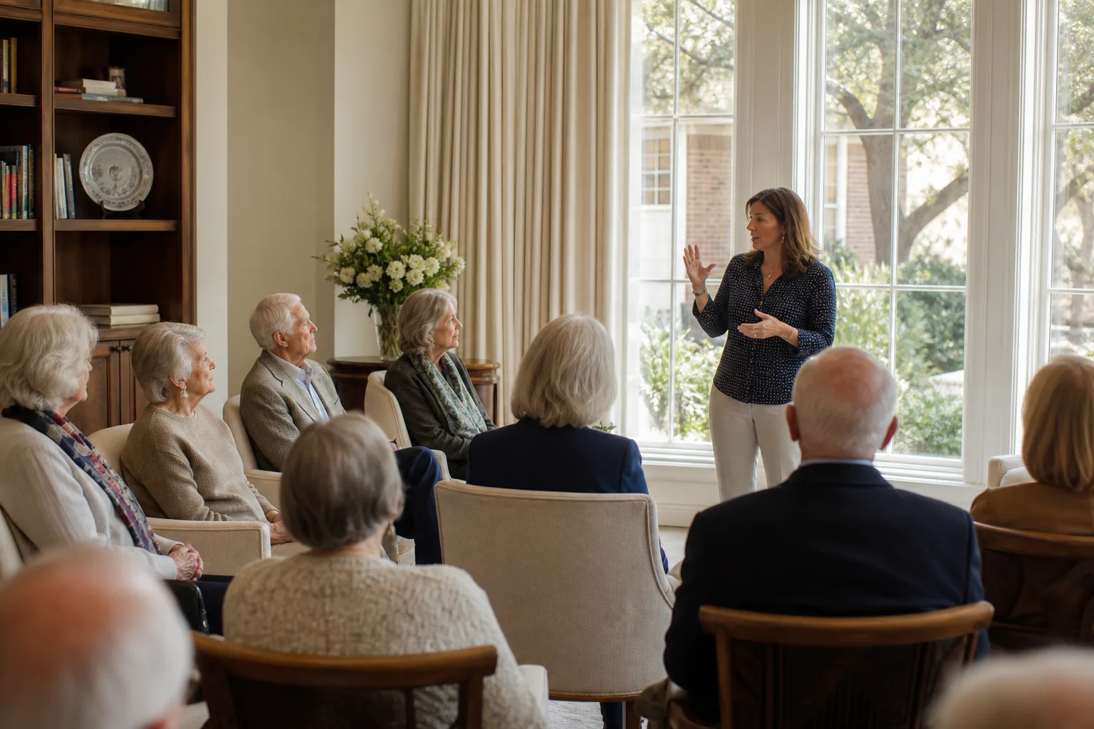 A presenter leading a workshop for older adults