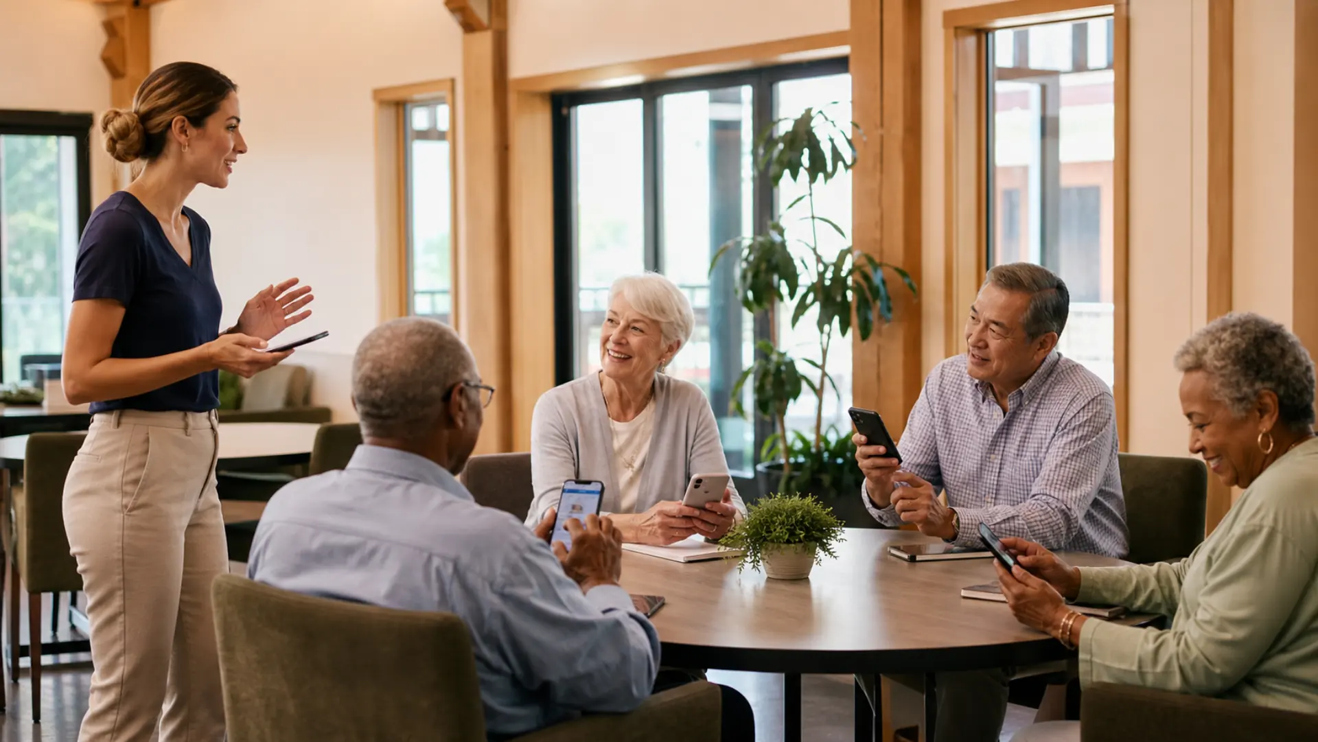 Older adults taking part in a lively technology workshop in a bright community room