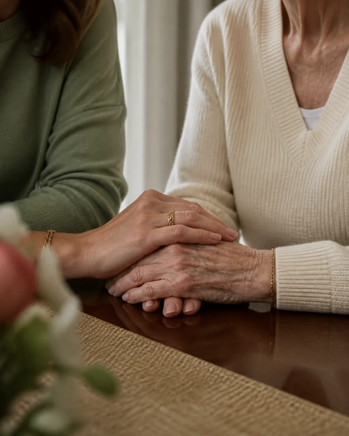 An adult daughter's hand resting over her mother's hand