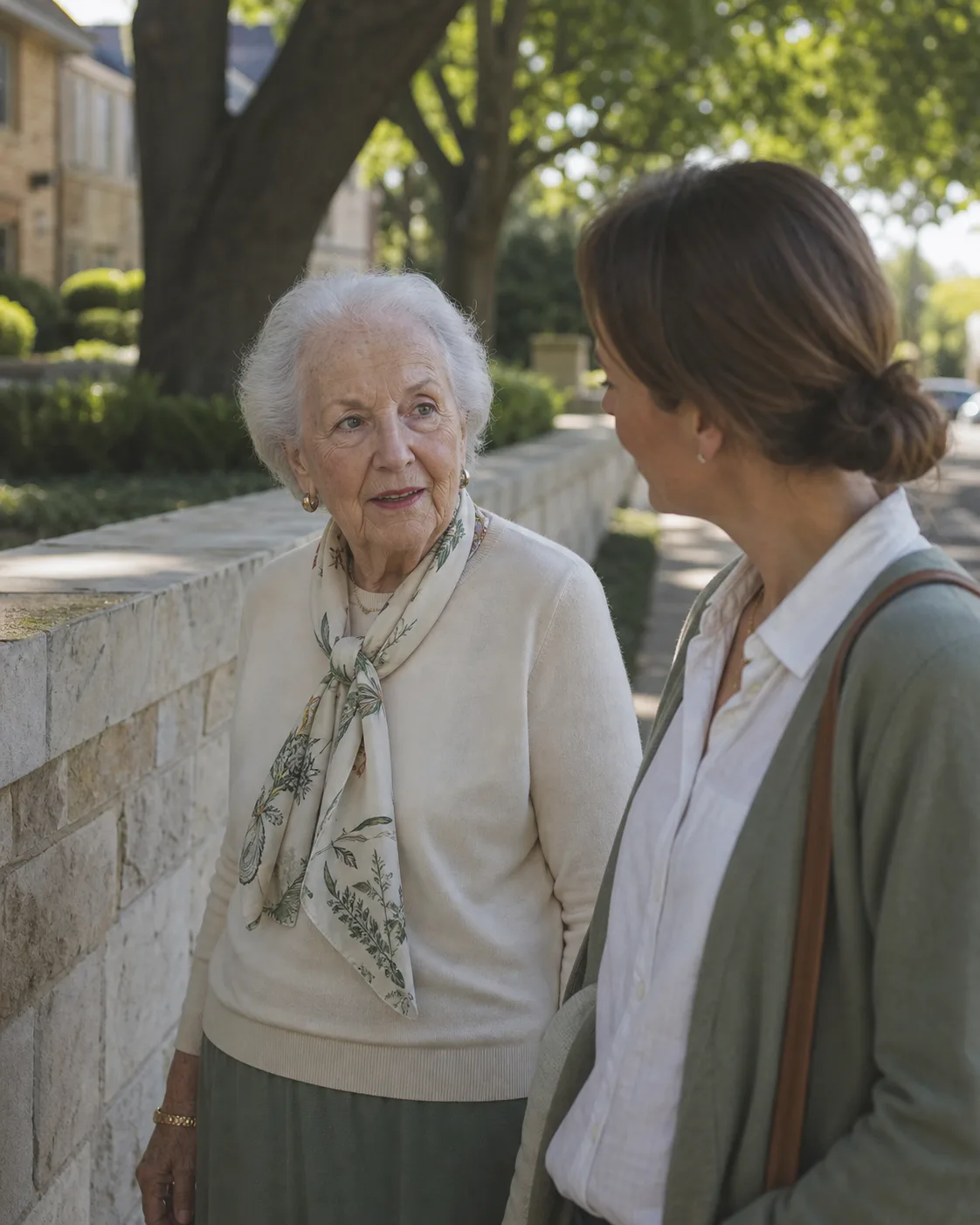 An older woman and companion in conversation in Highland Park
