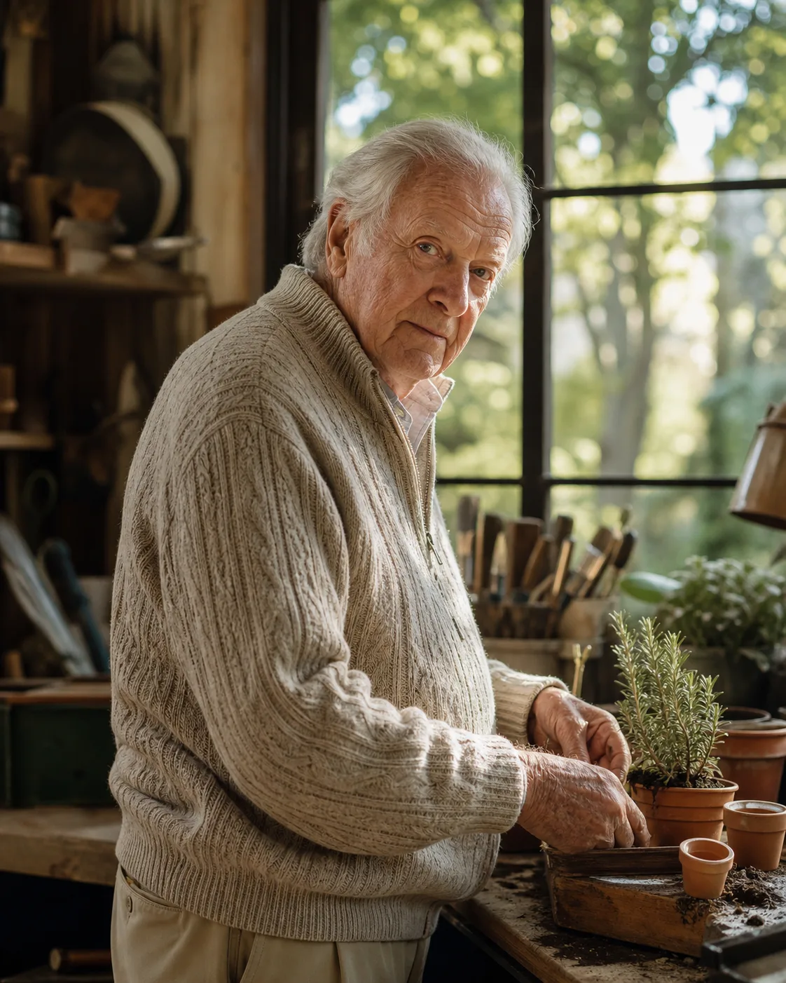 An independent older adult working in a garden