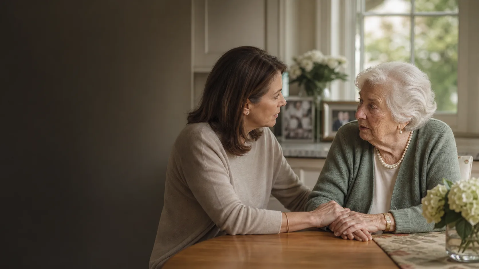 An adult child walking and talking with an older parent