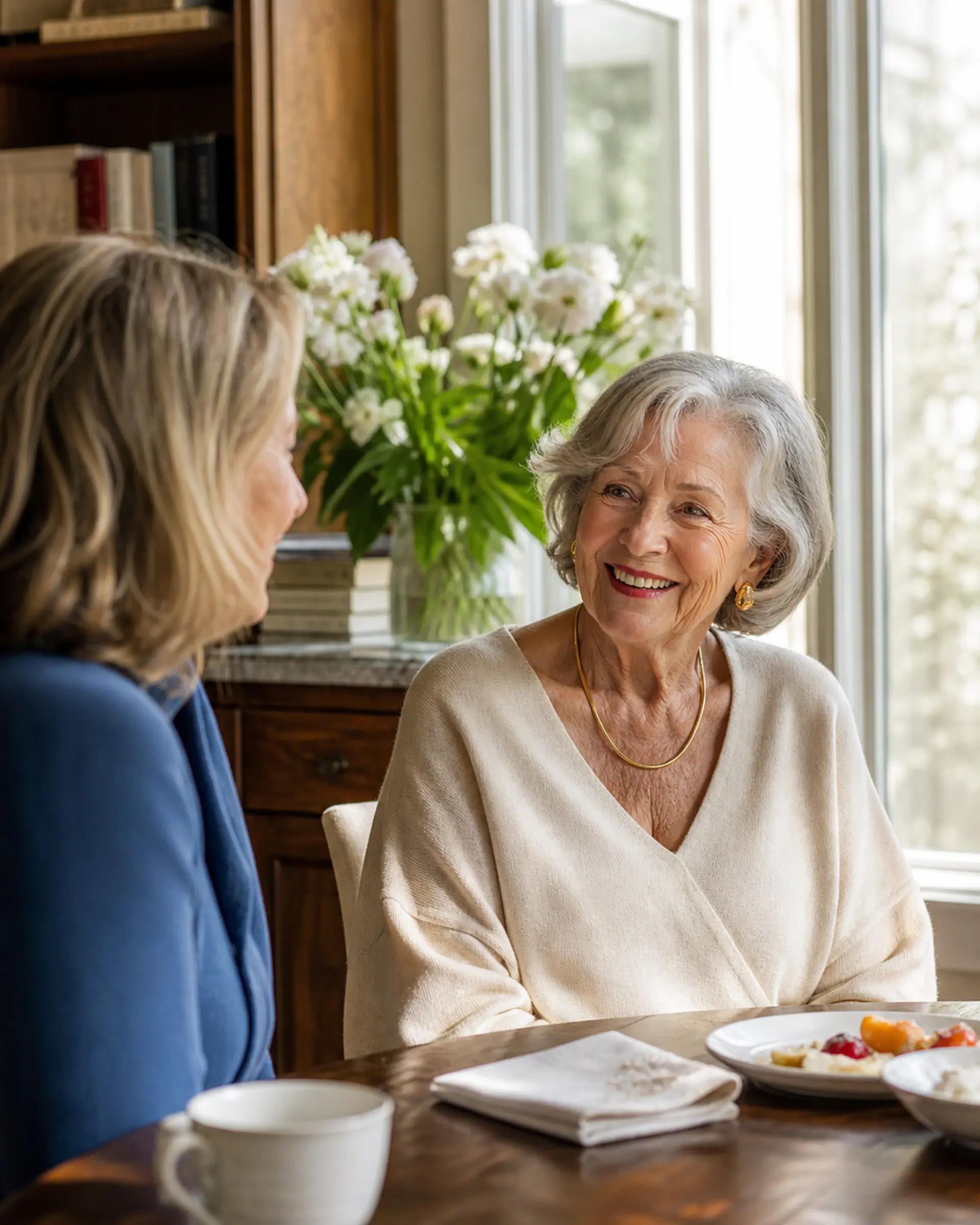 An older adult sharing a relaxed conversation at home