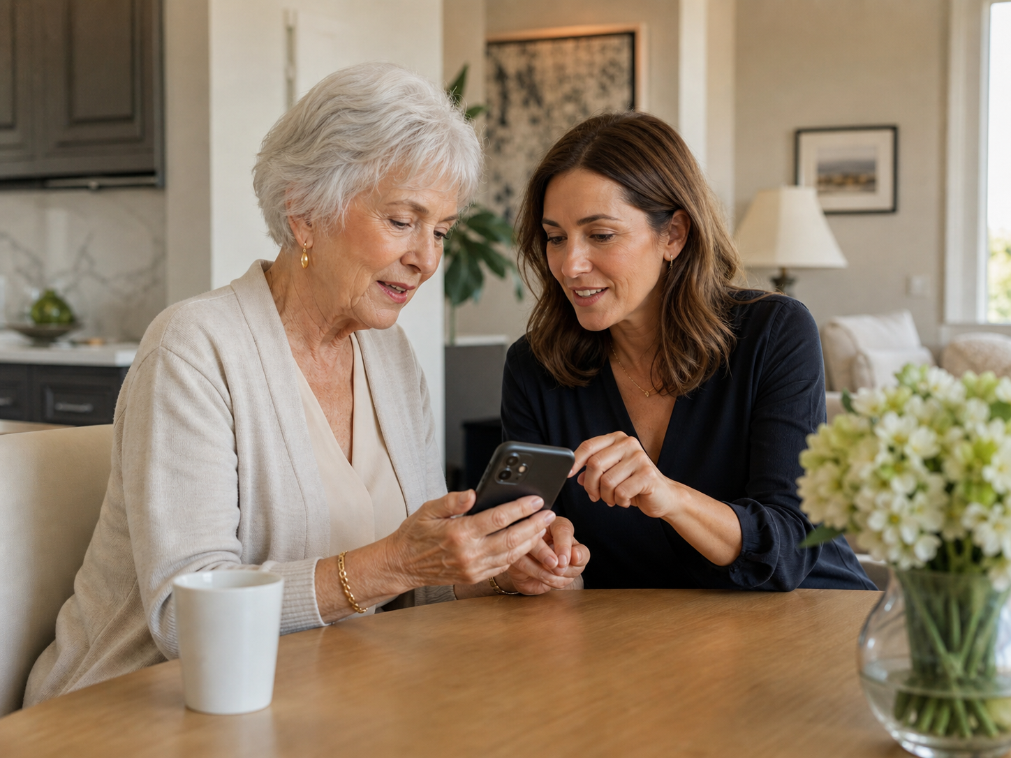An older woman and companion using a smartphone together at a kitchen table